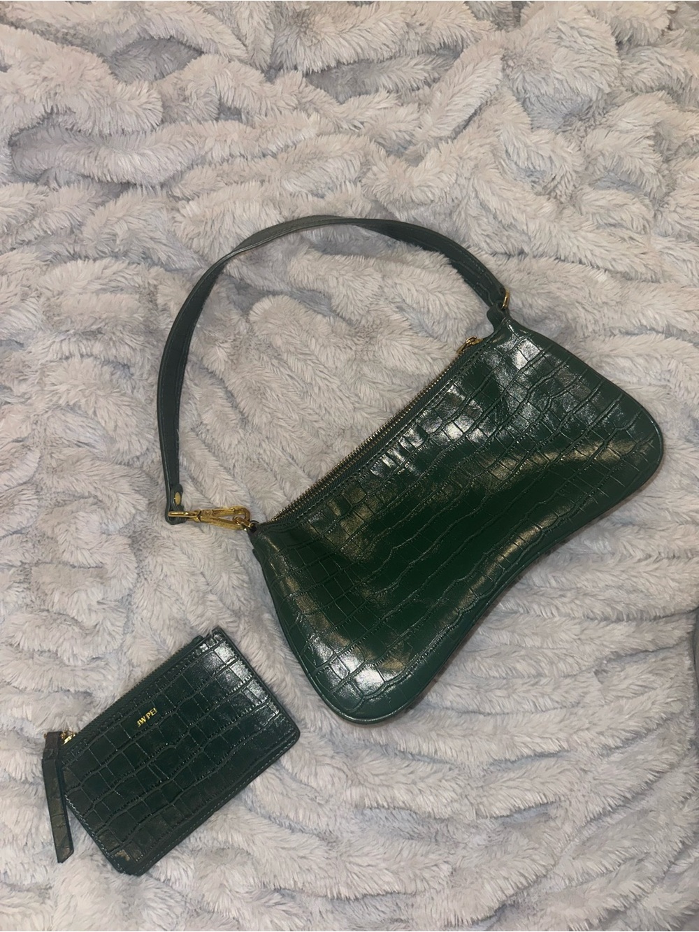 Green Croc-Embossed Shoulder Bag with Wallet